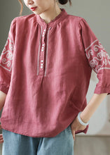 Load image into Gallery viewer, DIY Yellow Stand Collar Embroidered Linen Blouse Top Summer