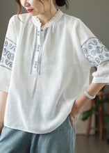 Load image into Gallery viewer, DIY Yellow Stand Collar Embroidered Linen Blouse Top Summer