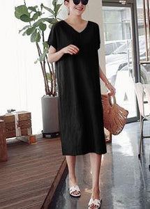 DIY o neck side open Cotton summer Tunics linen Black stripes Dress