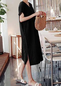 DIY o neck side open Cotton summer Tunics linen Black stripes Dress