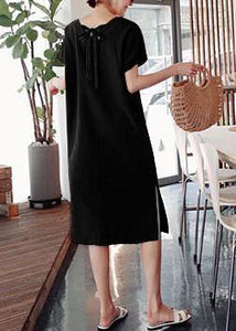 DIY o neck side open Cotton summer Tunics linen Black stripes Dress