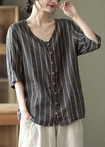 Dark Gray V Neck Button Linen Shirts Half Sleeve