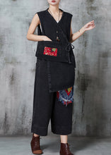 Load image into Gallery viewer, Diy Black Asymmetrical Patchwork Denim Two Piece Suit Set Spring