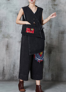 Diy Black Asymmetrical Patchwork Denim Two Piece Suit Set Spring