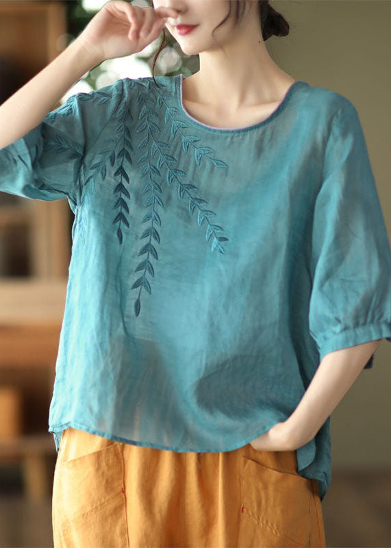 Diy Blue Embroidered Patchwork Cotton T Shirt Summer