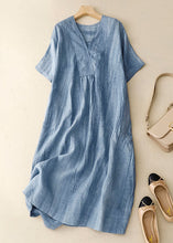 Load image into Gallery viewer, Diy Blue V Neck Wrinkled Patchwork Linen Mid Dress Summer