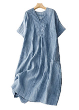 Load image into Gallery viewer, Diy Blue V Neck Wrinkled Patchwork Linen Mid Dress Summer