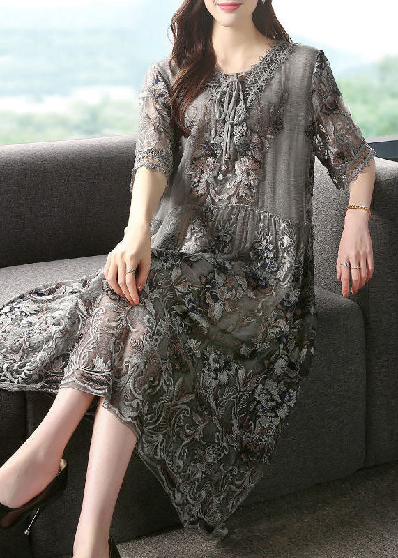 Diy Grey V Neck Embroidered Patchwork Silk Mid Dresses Summer