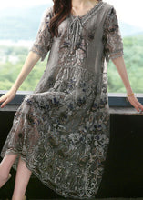 Load image into Gallery viewer, Diy Grey V Neck Embroidered Patchwork Silk Mid Dresses Summer