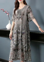 Load image into Gallery viewer, Diy Grey V Neck Embroidered Patchwork Silk Mid Dresses Summer