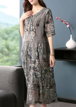 Load image into Gallery viewer, Diy Grey V Neck Embroidered Patchwork Silk Mid Dresses Summer