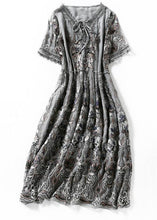 Load image into Gallery viewer, Diy Grey V Neck Embroidered Patchwork Silk Mid Dresses Summer