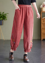 Load image into Gallery viewer, Diy Pink Elastic Waist Embroidered Warm Fleece Corduroy Harem Pants Spring