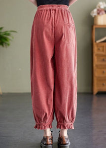 Diy Pink Elastic Waist Embroidered Warm Fleece Corduroy Harem Pants Spring