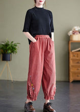 Load image into Gallery viewer, Diy Pink Elastic Waist Embroidered Warm Fleece Corduroy Harem Pants Spring