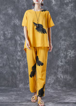 Load image into Gallery viewer, Diy Yellow Oversized Feathers Print Cotton Two Pieces Set Summer