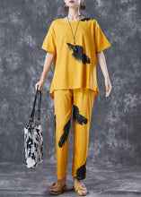 Load image into Gallery viewer, Diy Yellow Oversized Feathers Print Cotton Two Pieces Set Summer