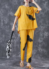 Load image into Gallery viewer, Diy Yellow Oversized Feathers Print Cotton Two Pieces Set Summer