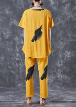 Load image into Gallery viewer, Diy Yellow Oversized Feathers Print Cotton Two Pieces Set Summer