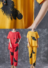 Load image into Gallery viewer, Diy Yellow Oversized Feathers Print Cotton Two Pieces Set Summer