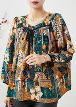 Load image into Gallery viewer, Dull Green Print Chiffon Blouses Square Collar Bow Lantern Sleeve