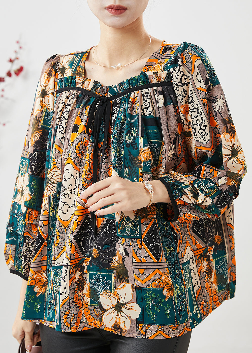 Dull Green Print Chiffon Blouses Square Collar Bow Lantern Sleeve