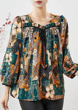 Load image into Gallery viewer, Dull Green Print Chiffon Blouses Square Collar Bow Lantern Sleeve