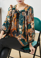 Load image into Gallery viewer, Dull Green Print Chiffon Blouses Square Collar Bow Lantern Sleeve