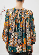 Load image into Gallery viewer, Dull Green Print Chiffon Blouses Square Collar Bow Lantern Sleeve