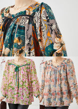 Load image into Gallery viewer, Dull Green Print Chiffon Blouses Square Collar Bow Lantern Sleeve