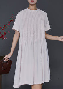 Elegant Apricot O-Neck Wrinkled Cotton Dresses Summer