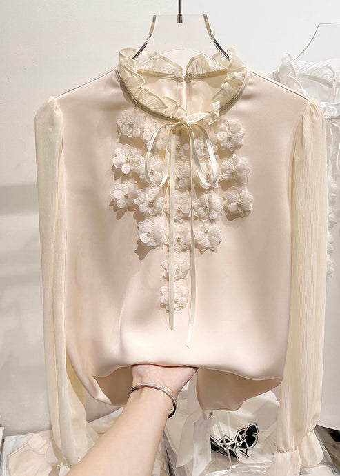 Elegant Apricot Ruffled Lace Up Chiffon Shirt Long Sleeve