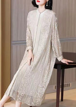 Load image into Gallery viewer, Elegant Beige Embroidered Button Silk Long Dresses Long Sleeve