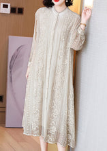 Load image into Gallery viewer, Elegant Beige Embroidered Button Silk Long Dresses Long Sleeve