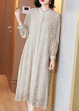 Load image into Gallery viewer, Elegant Beige Embroidered Button Silk Long Dresses Long Sleeve