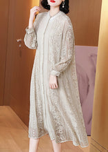 Load image into Gallery viewer, Elegant Beige Embroidered Button Silk Long Dresses Long Sleeve