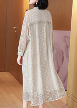 Load image into Gallery viewer, Elegant Beige Embroidered Button Silk Long Dresses Long Sleeve