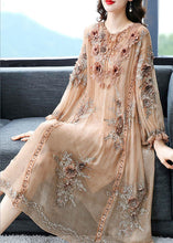 Load image into Gallery viewer, Elegant Beige Lace Up Jacquard Silk Holiday Dress Long Sleeve