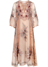 Load image into Gallery viewer, Elegant Beige Lace Up Jacquard Silk Holiday Dress Long Sleeve