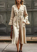 Load image into Gallery viewer, Elegant Beige V Neck Drawstring Pockets Cotton Dresses Long Sleeve