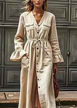 Load image into Gallery viewer, Elegant Beige V Neck Drawstring Pockets Cotton Dresses Long Sleeve