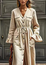 Load image into Gallery viewer, Elegant Beige V Neck Drawstring Pockets Cotton Dresses Long Sleeve