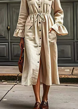 Load image into Gallery viewer, Elegant Beige V Neck Drawstring Pockets Cotton Dresses Long Sleeve