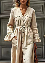 Load image into Gallery viewer, Elegant Beige V Neck Drawstring Pockets Cotton Dresses Long Sleeve