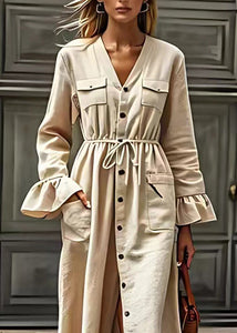 Elegant Beige V Neck Drawstring Pockets Cotton Dresses Long Sleeve