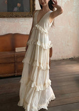 Load image into Gallery viewer, Elegant Beige V Neck Ruffled Solid Cotton Long Dresses Summer