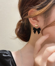 Load image into Gallery viewer, Elegant Black 14K Gold Flocking Bow Drop Earrings