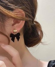 Load image into Gallery viewer, Elegant Black 14K Gold Flocking Bow Drop Earrings