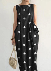 Elegant Black Dot Print Pockets Long Dresses Sleeveless