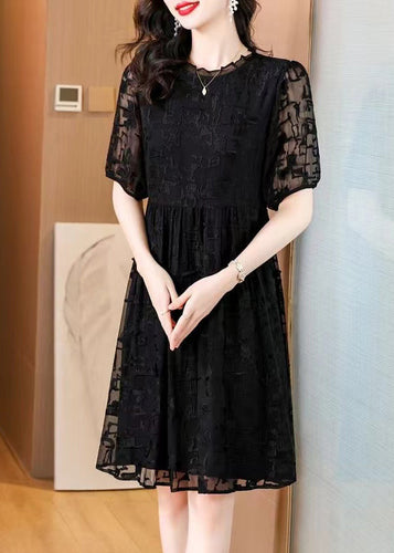 Elegant Black Embroidered Ruffled Silk Dresses Summer